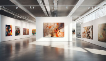 An art gallery with beautiful paintings displayed on minimalist white walls. Generative AI